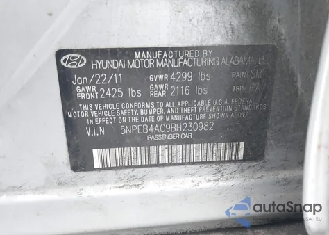 2011 Hyundai Sonata Gls z USA, uszkodzony, nr VIN 5NPEB4AC9BH230982